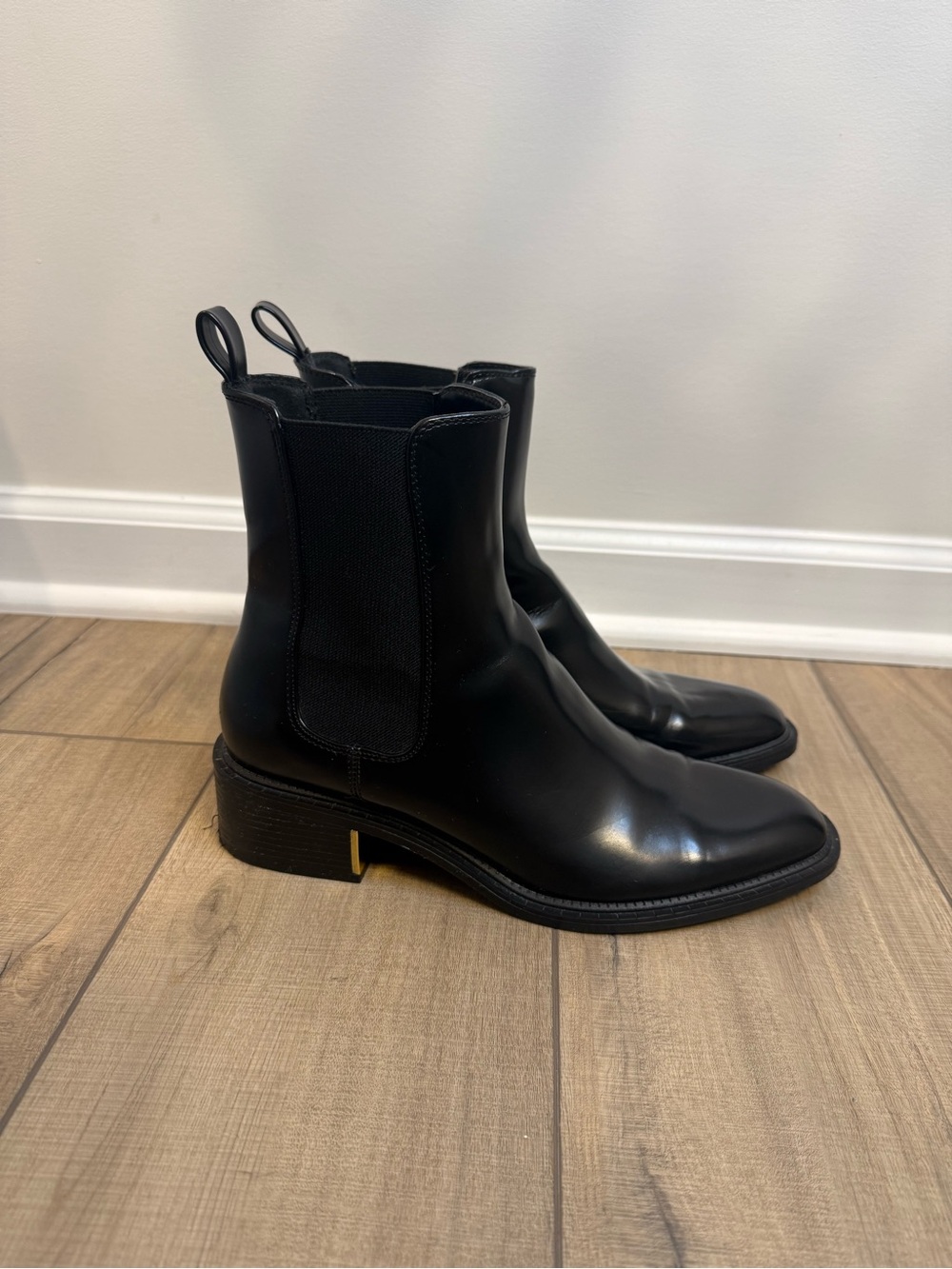 Zara Black Leather Chelsea Ankle Boots with Gold Heel Accent